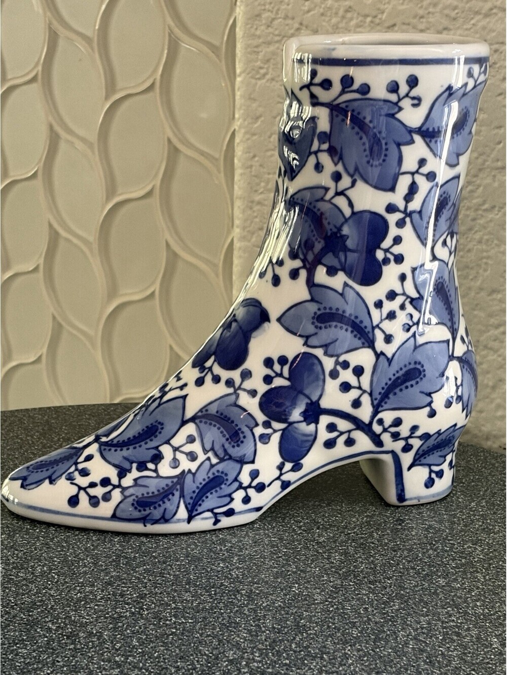 Blue And White Foliage Boot Vase/ Planter EUC Marked x EUC